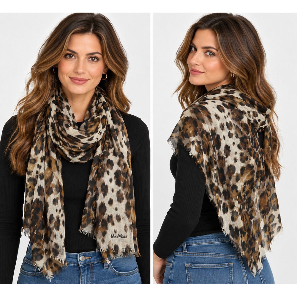 NWT Max Mara Leopard Print Scarf Cheetah Animal Italy Eyelash Fringe Shawl Wrap